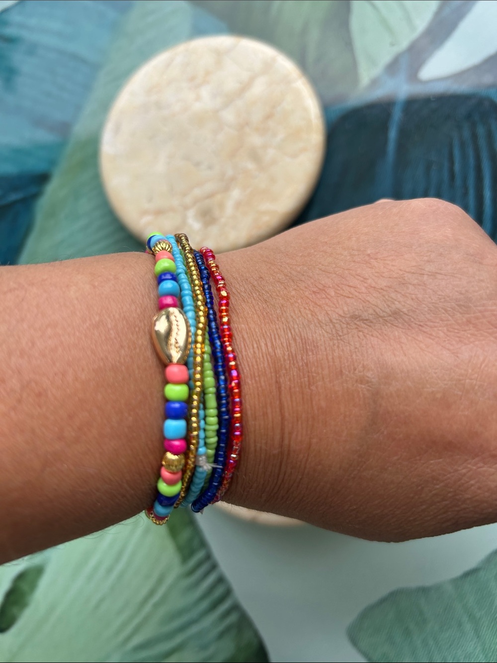 Colorful Multistrand Seed Bead Bracelet with Gold Accent
